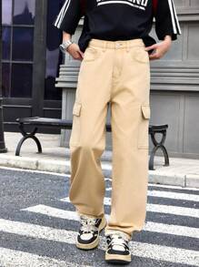 SHEIN 青少年男孩休闲时尚黑色舒适宽松简约基本款工装牛仔裤，适合夏季度假和日常穿着 - 卡其色 - 查看 5