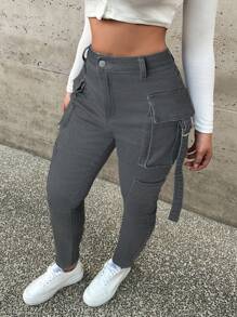 SHEIN EZwear 女士性感紧身弹力牛仔工装裤，蓝色 - 灰色 - 查看 5