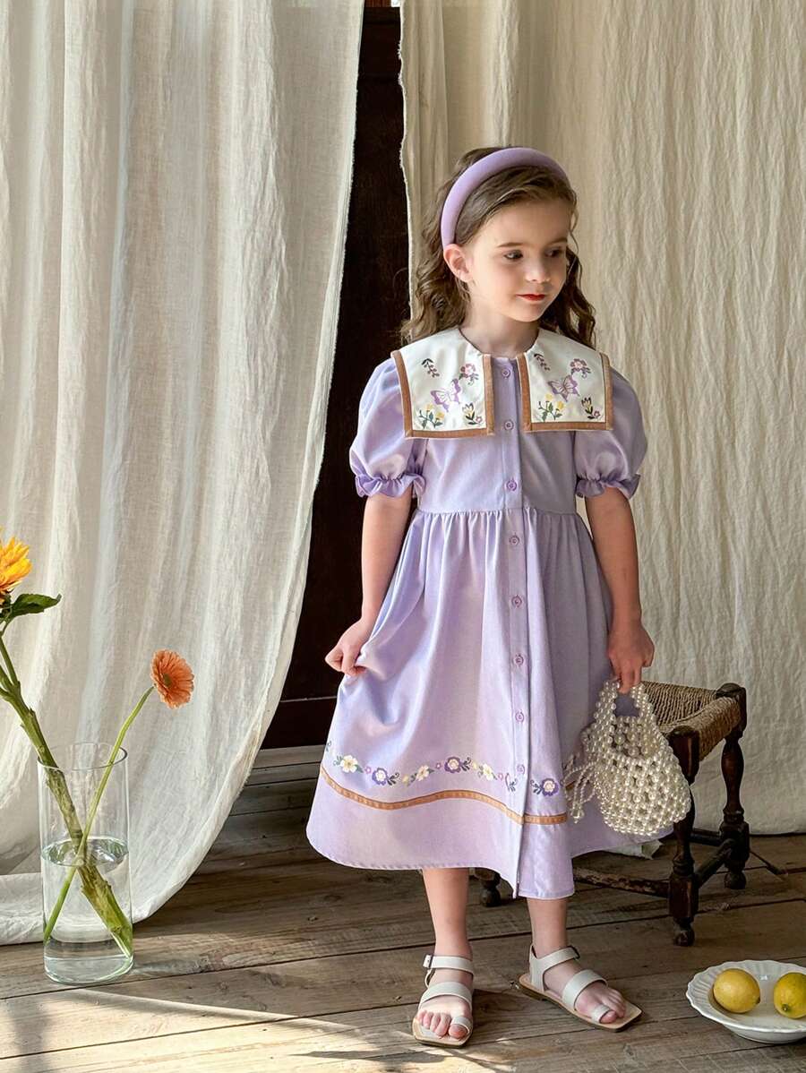 LMoss Kids LMoss 年轻女孩刺绣彼得潘领修身休闲连衣裙,适合春夏季 - 彩色 - 查看 1