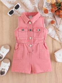 Moda para bebé (niña) estilo dulce de la calle, mono sin mangas de tela vaquera rosa, verano - Rosa - Ver 8