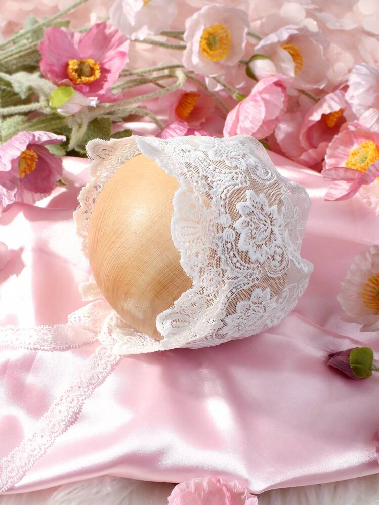 Newborn Baby Plain Color Lace Photography Hat - White - View 3