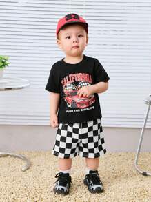 2pcs/Set Baby Boy Casual Urban Chic Black & White Striped Racing Car Pattern Oversized Drop Shoulder Hoodie Tee And Checkerboard Pants Outfit Suitable For Outings, Daily Occasions, Spring/Summer - Black - View 4