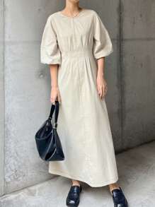 FRIFUL 女士杏色长灯笼袖连衣裙，通勤商务休闲办公室装，春季太阳裙 - 杏色 - 查看 4