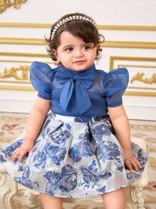 SHEIN 2pcs Baby Girl Cute Blue Floral Print Skirt & Short Sleeve Shirt Set, Summer - Blue - View 4