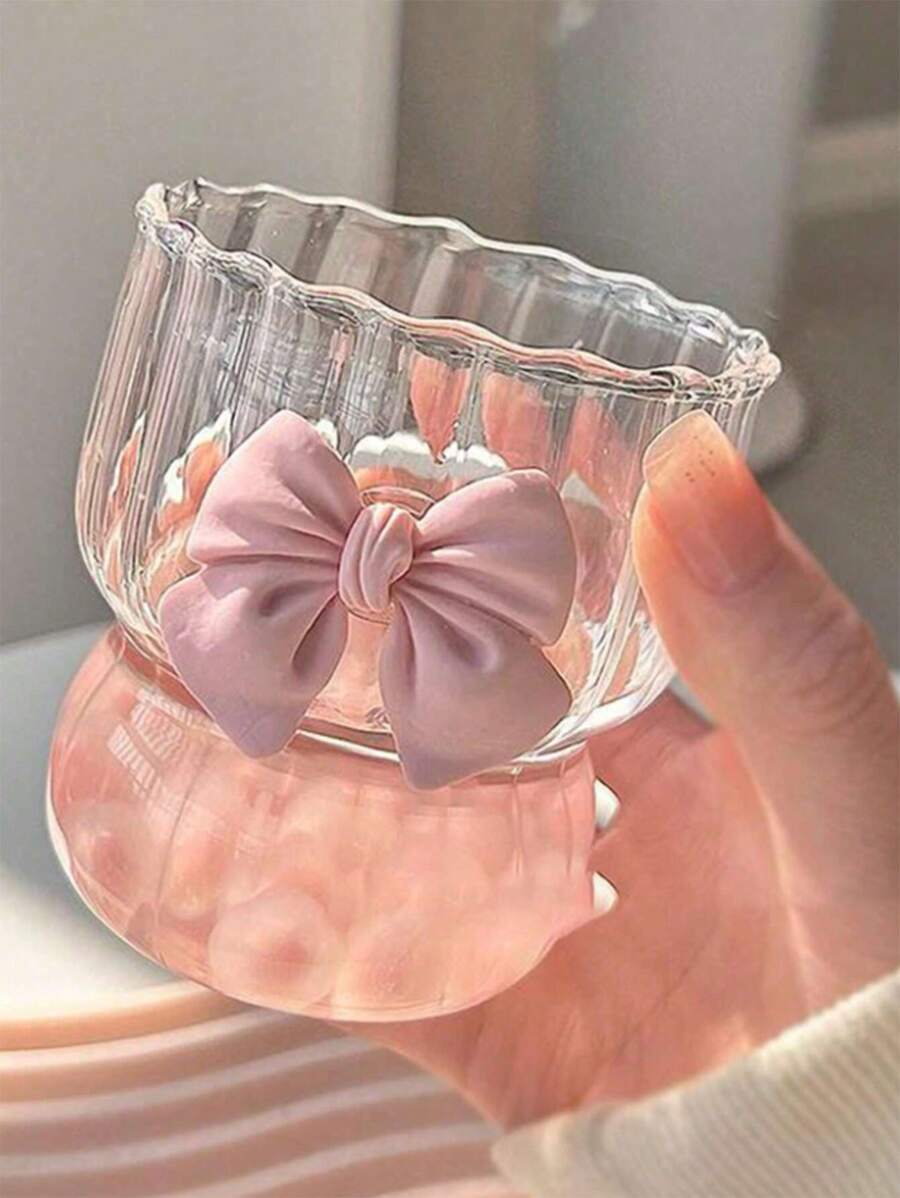 300ml Transparent Bow Decor Striped Cup, Suitable For Daily Water And Coffee Drinking
