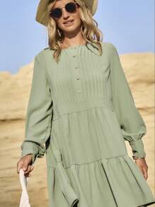 LanaWest 女士纯色前扣长袖褶饰休闲短裙