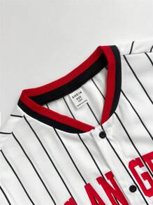 2pcs Kids Tween Boy Casual Sports Versatile Letter Print Striped Baseball Collar Open Front Short Sleeve Loose Shirt, Suitable For School, Garden, Beach, Birthday, Spring, Summer, Autumn, Winter - Multicolor - View 4