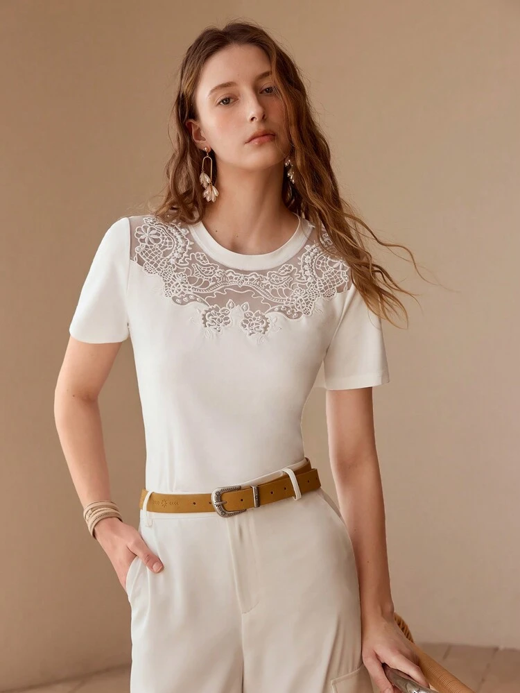 FLORAL EMBROIDERY SHORT SLEEVE T-SHIRT,SPRING/SUMMER