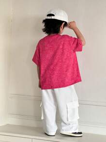 2pcs/Set Tie Dye Design Young Boy Casual Loose Fit Round Neck Short Sleeve T-Shirt And Solid Color Drawstring Waist Pockets Cargo Pants Outfit
