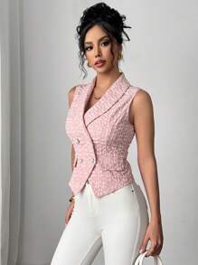 Elenzga French Elegant Shawl Neck Textured Sleeveless Tailored Fitted Jacket For Women - Pink - View 3