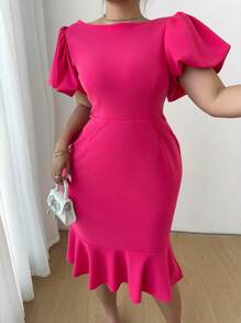 Elenzga Plus Size Women Solid Color Crew Neck Short Sleeve Ruffle Decor Casual Midi Dress