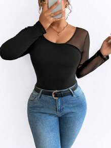 Calvaya Plus Size Women's Long Sleeve Mesh Patchwork Bodysuit, Slim Fit, Versatile Layering Top