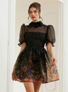 Aveloria Rosie Black Organza Romantic Daisy Floral Random Printed Sheer Short Sleeve Puff Sleeve Dress With 3D Flower Decoration For Women