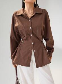 Heiryn 女士休闲收腰宽松衬衫 - 咖啡棕 - 查看 5