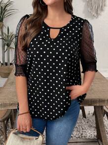 EMERY ROSE 大码女式波点雪纺拼布衬衫，浪漫优雅，春夏