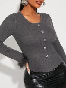 SHEIN SXY Floral Button Trimmed Solid Color Fitted Crop Cardigan With Fluffy Cuffs - Grey - View 3