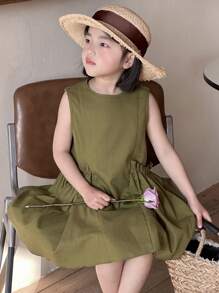 DAZY Simple & Fashionable Casual Solid Color Dress For Young Girls, Daily Wear,Girls Summer Outfits - Green - View 7