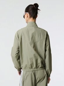 TypaGal Letter Embroidery High Neck Panelling Zip Through Long Sleeve Drop Shoulder Nylon Windbreaker Jacket - Green - View 2