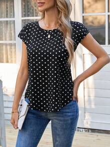 EMERY ROSE Women's Casual Lace Patchwork Polka Dot Print Shirt - Black and White - View 5