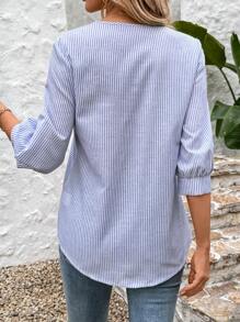 SHEIN LUNE Boho Women Clothing Elegant Women Blouses Women's Blue & White Striped Casual/Office Shirt For Spring - Blue and White - View 4