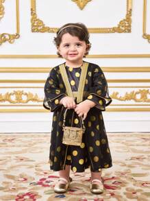 SHEIN Leap Crew Baby Girls Black Mesh Polka Dot Long Cardigan & Dress 2 Pieces Outfit Set, Spring/Summer - Black - View 5