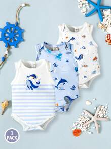 SHEIN Playful Pals 3件套男婴夏季可爱海洋生物印花短袖连体衣
