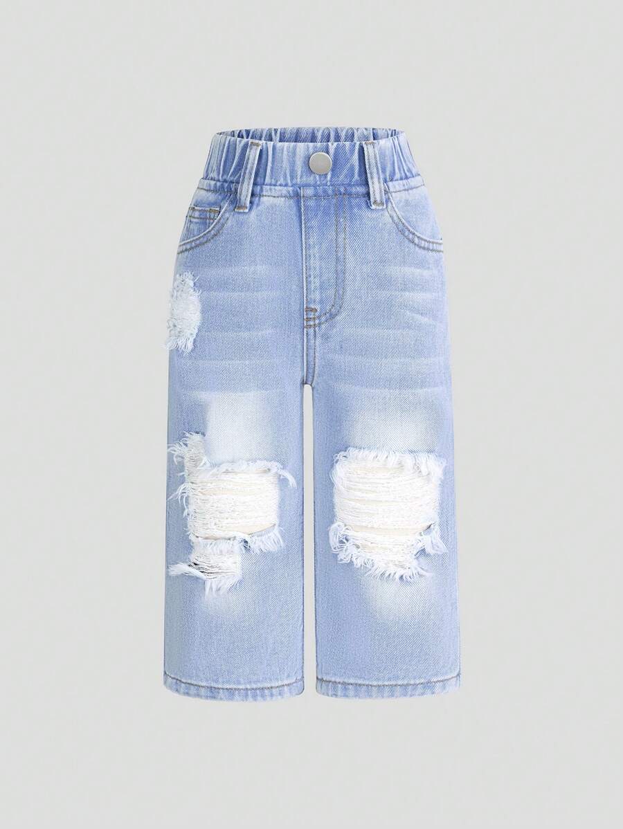 SHEIN Baby Girls' All-Match Simple Versatile Distressed Washed Denim Straight Leg Pants - Light Wash - View 1