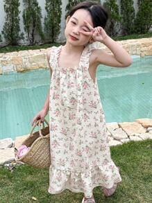 DAZY 少女碎花印花无袖睡裙，夏季假期复活节 - 米色 - 查看 4