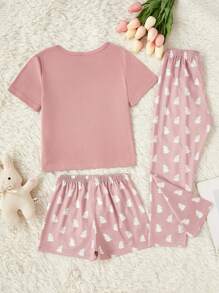 Bộ 3 món/Bộ áo thun tay ngắn in hình thỏ dễ thương cho bé gái, quần và quần short, bộ đồ ngủ thường ngày thoải mái - Hồng - Xem 2