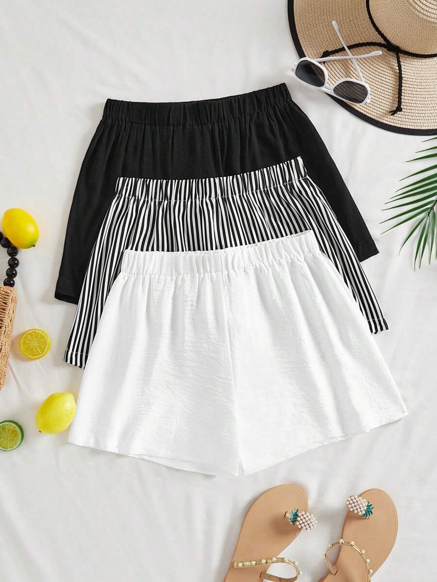 Girlism 少女1送23件/套，黑白条纹，居家百搭，编织高腰宽松短裤 - 黑與白 - 查看 1