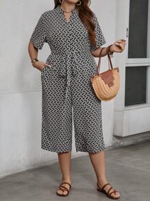SHEIN Clasi 大码夏季撞色几何图案束腰 3/4 长度连体裤 - 彩色 - 查看 4