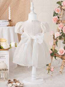 Souflis Souflis Ramadan 2-6Y Toddler Girl Bowknot Princess Tulle Dress Party Wedding Flower Girl Dress, White Textured Jacquard Fabric, Spring/Summer - White - View 2