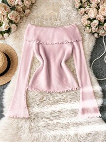 Chiquease Áo len dệt kim hở vai họa tiết hoa 3D cho nữ, tay áo bất đối xứng, dáng ôm, áo lót đa năng, mùa thu/đông - Hồng - Xem 2