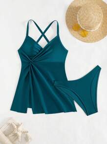 Swim Lushoire 2pcs Women Summer Beach Vacation Solid Color Chest Twisted Open Slit Strap Crossover Tank Top & High Cut Tankini Bottom Swimwear Set - Teal Blue - View 5
