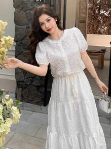 DAZY 女士两件套：镂空刺绣圆领泡泡袖上衣和半身裙 - 白色 - 查看 7