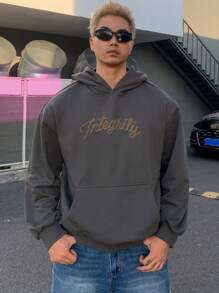 DAZY Grey Men's Hoodie With Letter Print, Spring Winter - Grey - View 3