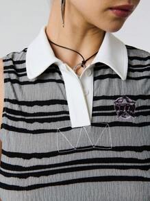 SHEIN Unity 休闲 Polo 领无袖短款条纹星星刺绣背心 - 黑與白 - 查看 4