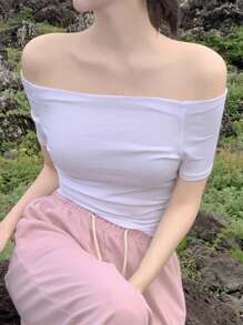 DAZY Women's Solid Color Off-Shoulder Short Sleeve Cropped White T-Shirt, Spring/Summer,Off Shoulder Top - White - View 6