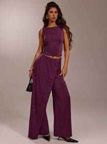 Forever 21 High Street Commuter Hottie Burgundy Striped Waist Slant Pants - Red Violet - View 4