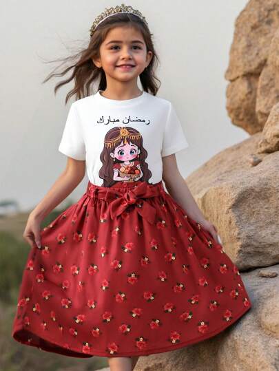 2pcs/Set Young Girl Round Neck Short Sleeve Printed Minimalist Top And Mini Skirt