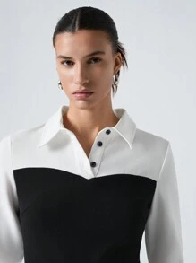 SHEIN EZwear 女式黑白梭织荷叶边下摆衬衫、长袖上衣 - 黑與白 - 查看 6