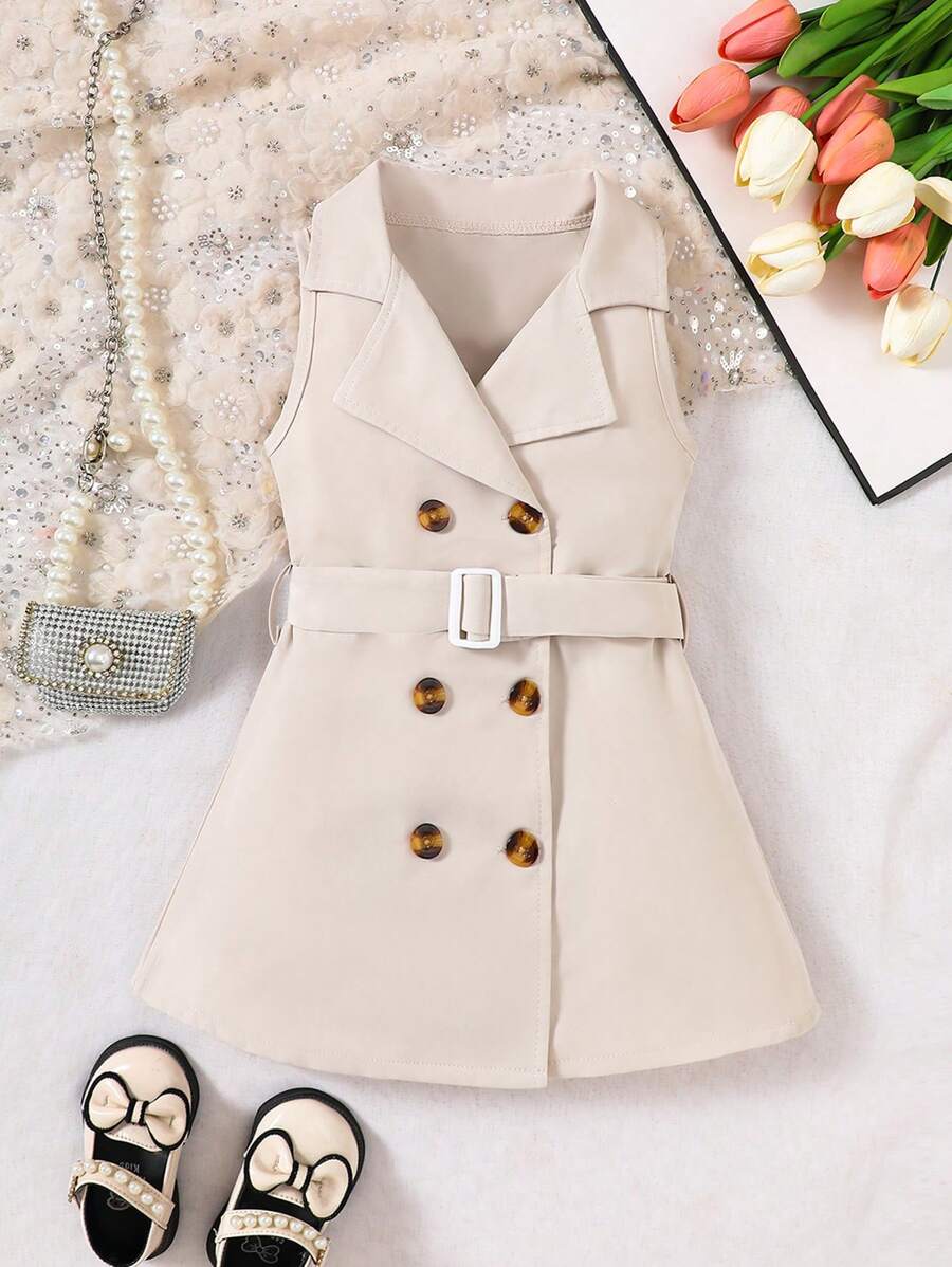 SHEIN 女婴纯色翻领无袖双排扣连衣裙 - 卡其色 - 查看 1