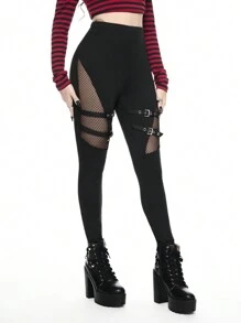 ROMWE Grunge Punk PUNK Style Mesh Patchwork Eyelet Strap Mid-Waist Leggings - Black - View 6