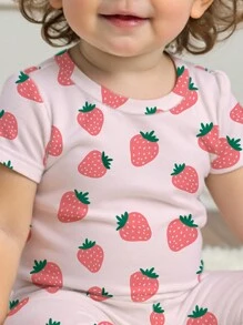 SHEIN Baby Girl Strawberry Graphic Snug-Fit Short Sleeve Jumpsuit, Casual & Comfortable Home/Loungewear