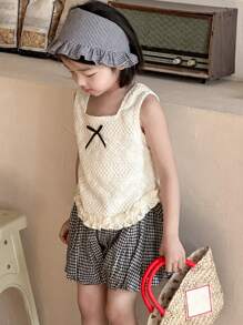 DAZY 2pcs/Set Young Girl Bow Decor Textured Tank Top And Plaid Shorts,Girls Summer Outfits - Black and White - View 4