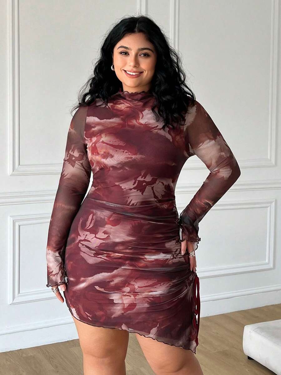 SHEIN EZwear Mesh Print Long Sleeve Plus Size Bodycon Dress - Red - View 1