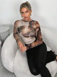 SHEIN Privé Mono elegante y romántico de estilo fashion para mujer, adecuado para fiestas, vacaciones, vuelta al colegio, citas románticas y bodas, con estampado teñido anudado y manga larga - Multicolor - Ver 3