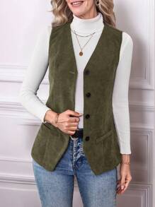 SHEIN LUNE Women's Solid Color Single-Breasted Casual Vest Jacket, Autumn/Winter - Army Green - View 3
