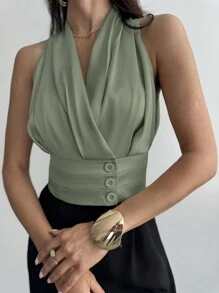 Firerie Women's Button Decorated Waist Fitted Elegant Commute Satin Blouse - Green - View 3