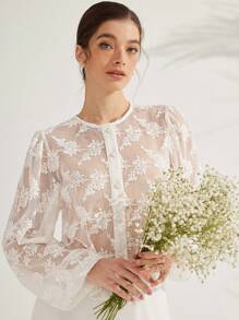 SHEIN Unity 白色花卉優雅夏季婚禮賓客法式鏤空刺繡網紗長袖鈕扣圓領上衣，女士約會之夜百搭款 - 白色 - 查看 6